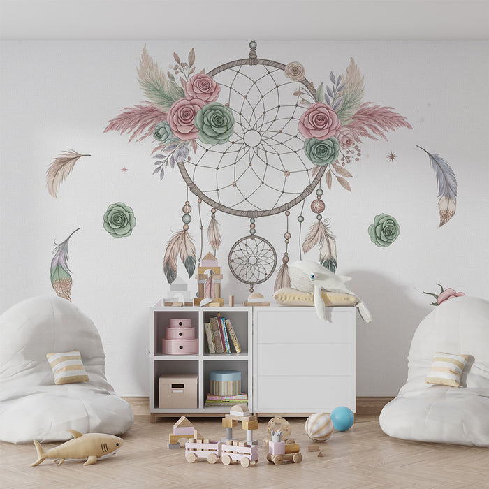 Babykamer behang | Delicate dromenvanger met pastel bloemen en veren