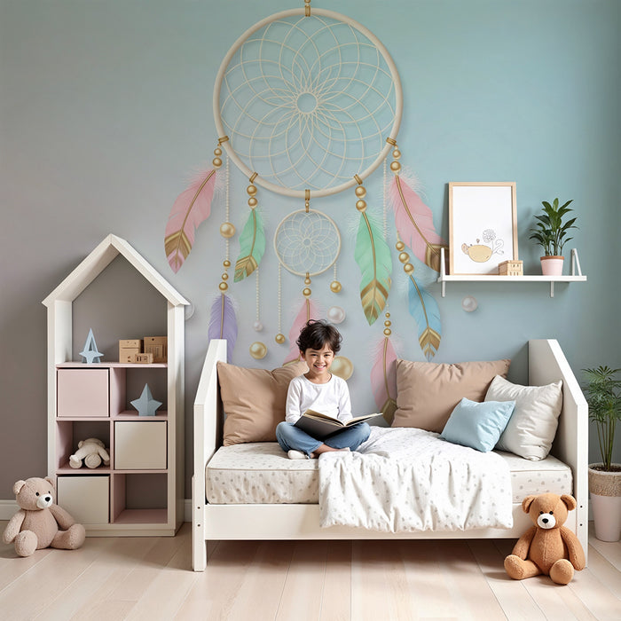 Tapety dla dzieci | Delikatny zawieszany sen z pastelowymi piórami i koralikami