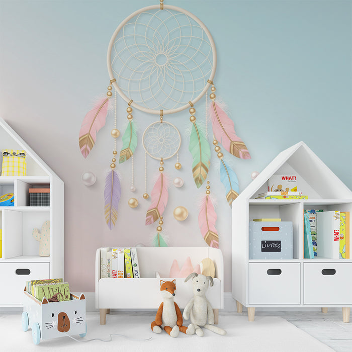 Tapety dla dzieci | Delikatny zawieszany sen z pastelowymi piórami i koralikami