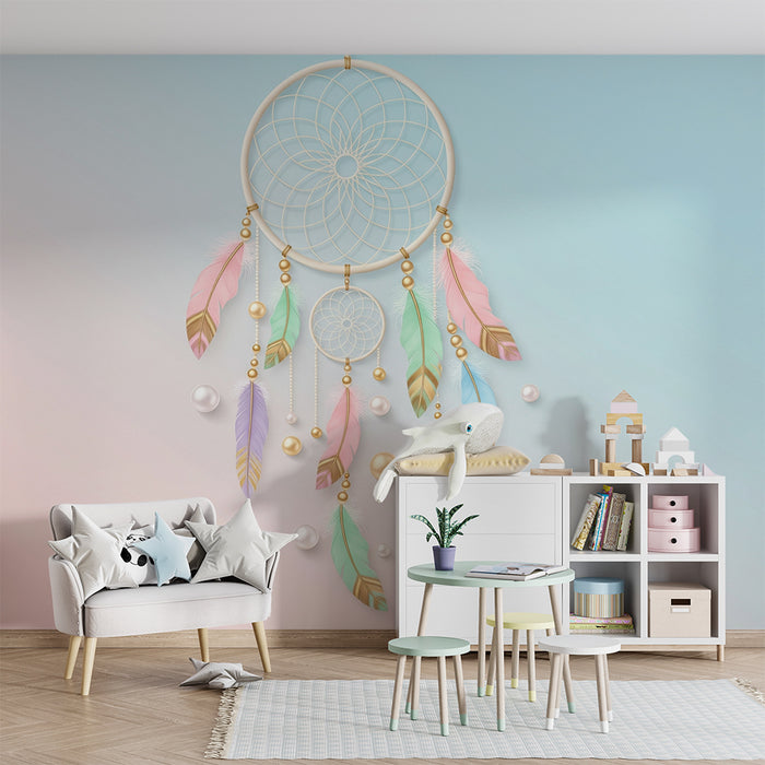Tapety dla dzieci | Delikatny zawieszany sen z pastelowymi piórami i koralikami