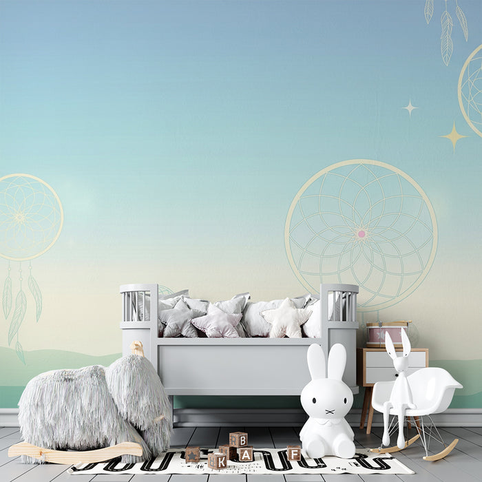 Nursery room wallpaper | Delicate dreamcatchers on a pastel background