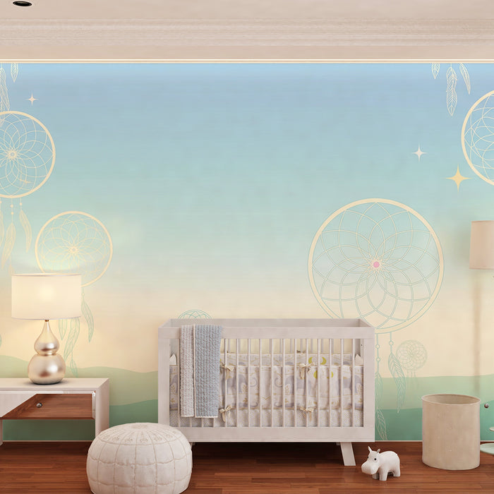 Nursery room wallpaper | Delicate dreamcatchers on a pastel background