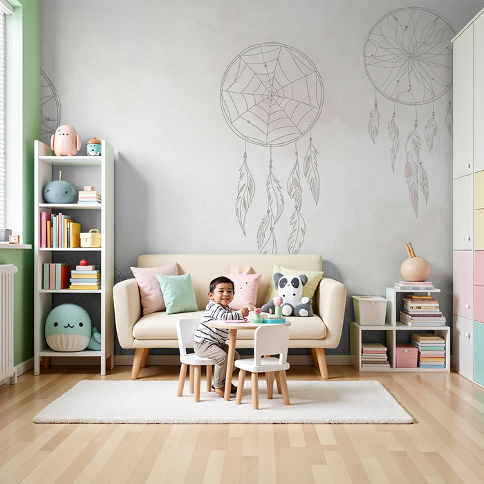 Nursery room wallpaper | Delicate dream catchers on a pastel background