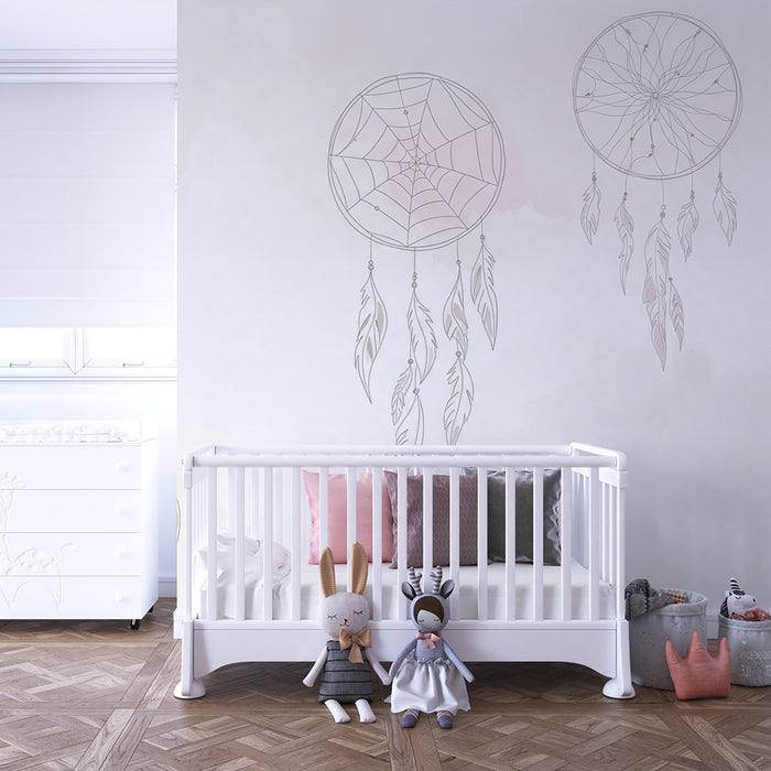Nursery room wallpaper | Delicate dream catchers on a pastel background