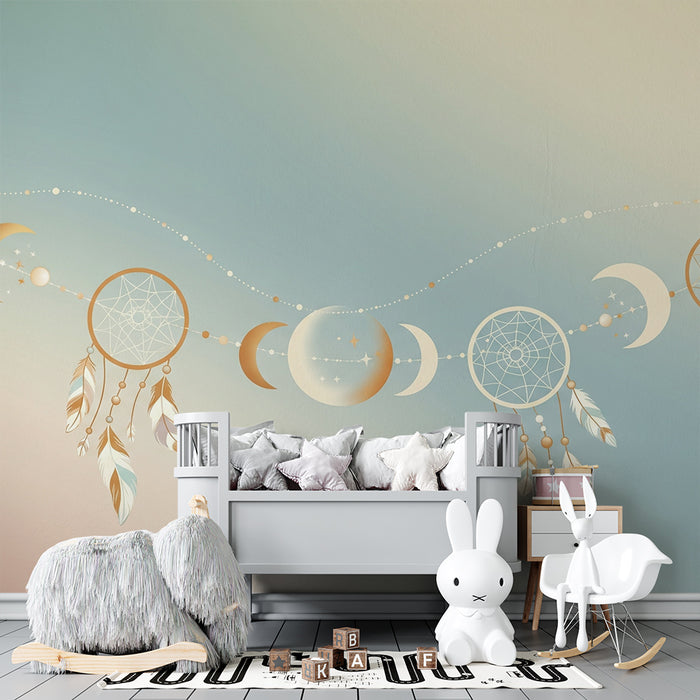 Tapeta do dětského pokoje | Dreamcatchery a zlaté měsíce na pastelovém pozadí