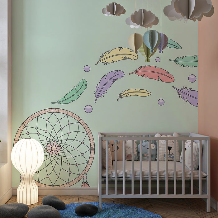 Børneværelse tapet | Drømmefangere og farverige fjer på pastelfarvet baggrund