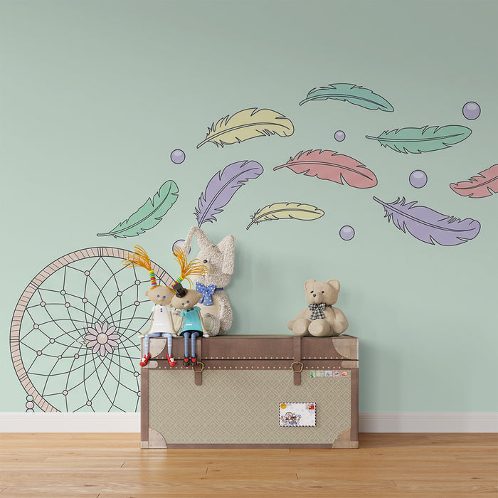 Børneværelse tapet | Drømmefangere og farverige fjer på pastelfarvet baggrund