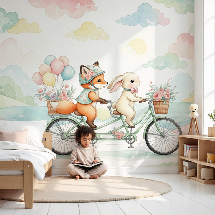 Papier peint chambre bébé | Aventure à vélo avec un renard et un lapin