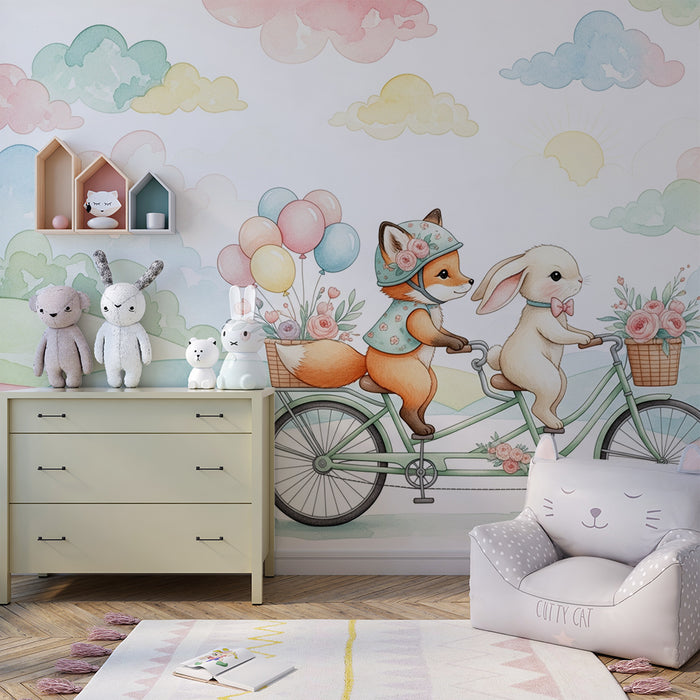 Papier peint chambre bébé | Aventure à vélo avec un renard et un lapin