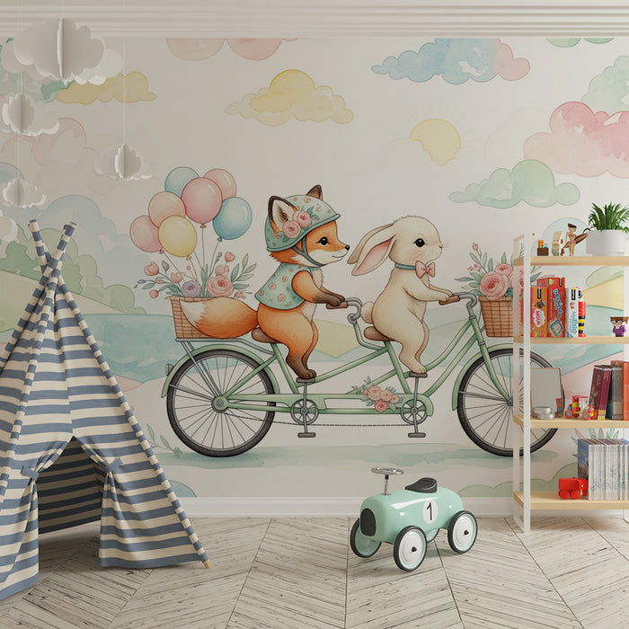 Papier peint chambre bébé | Aventure à vélo avec un renard et un lapin