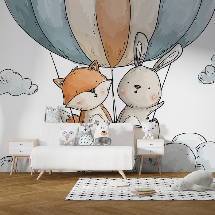 Papel pintado infantil | Aventura en globo aerostático con un zorro y un conejo