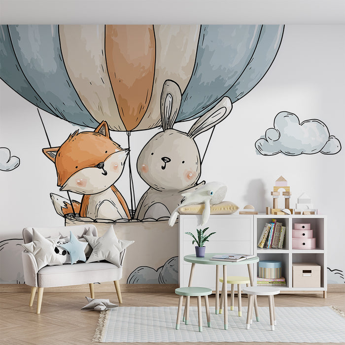 Papel pintado infantil | Aventura en globo aerostático con un zorro y un conejo