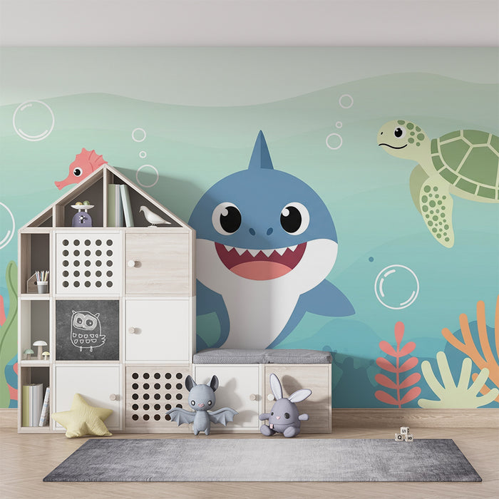 Papel de parede quarto bebê | Подводно приключение с акула, морско конче и костенурка