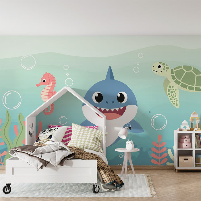 Papel de parede quarto bebê | Подводно приключение с акула, морско конче и костенурка