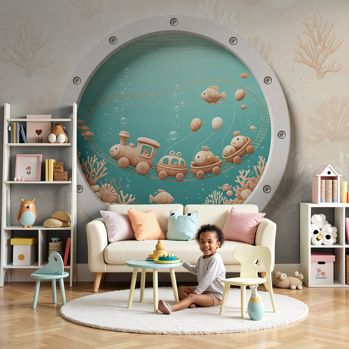 Papel de parede para quarto de bebé | Aventura subaquática com comboio e peixes coloridos