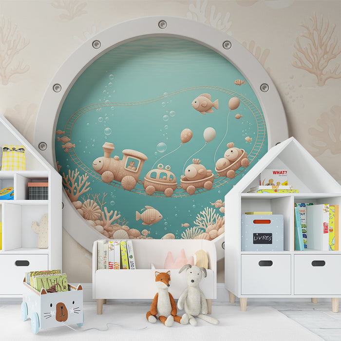 Papel de parede para quarto de bebé | Aventura subaquática com comboio e peixes coloridos