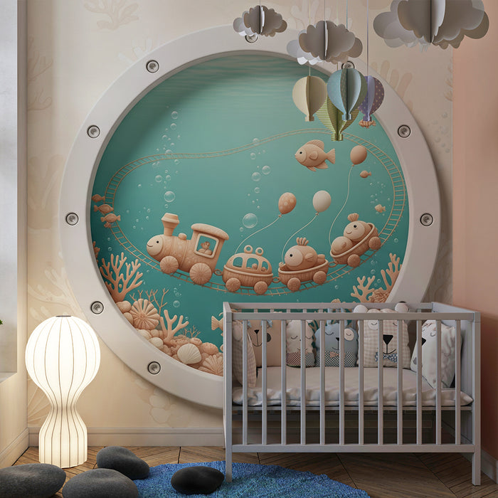 Papel de parede para quarto de bebé | Aventura subaquática com comboio e peixes coloridos