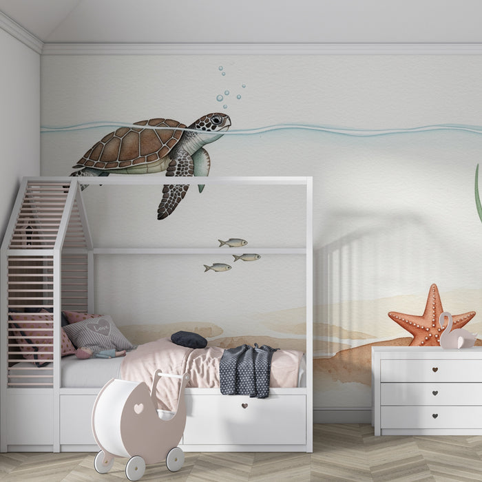 Papier peint chambre bébé | Aventure sous-marine avec une tortue et une étoile de mer