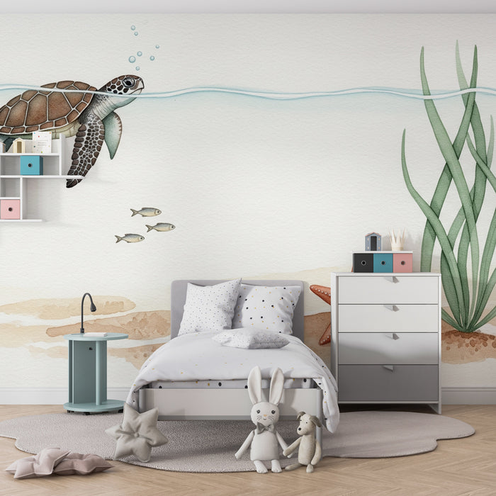 Papier peint chambre bébé | Aventure sous-marine avec une tortue et une étoile de mer