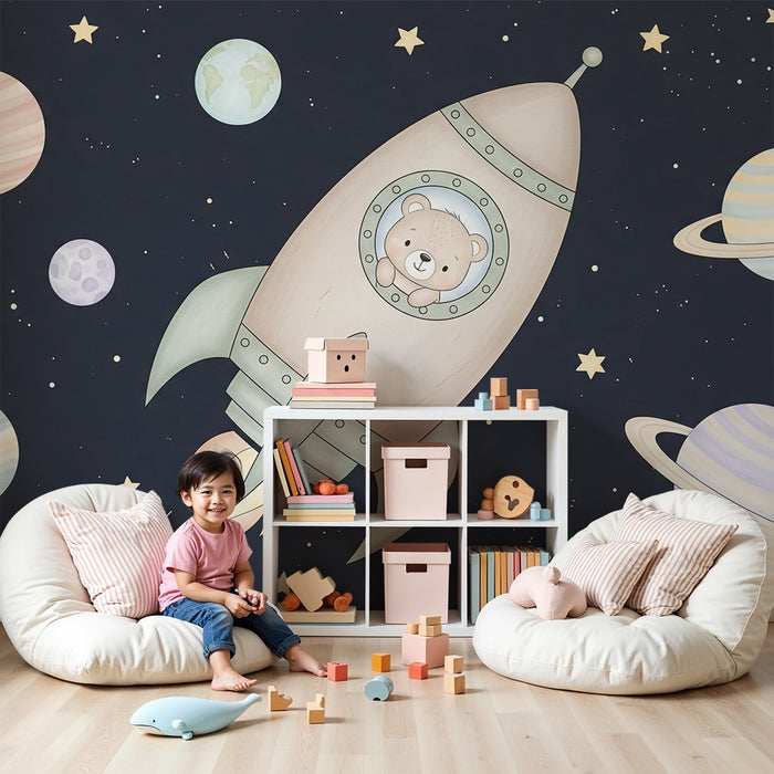 Papier peint chambre bébé | Aventure spatiale avec un ourson dans une fusée