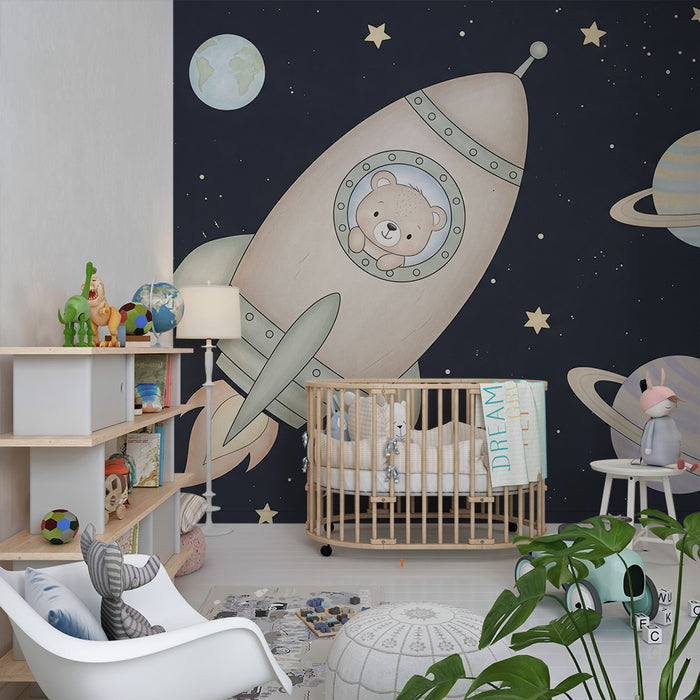 Papier peint chambre bébé | Aventure spatiale avec un ourson dans une fusée