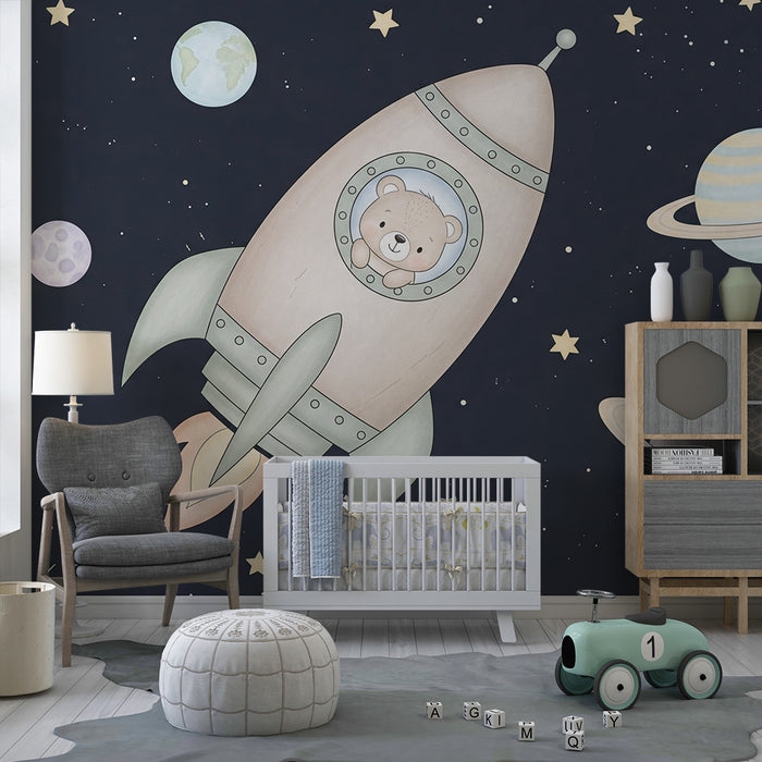 Papier peint chambre bébé | Aventure spatiale avec un ourson dans une fusée