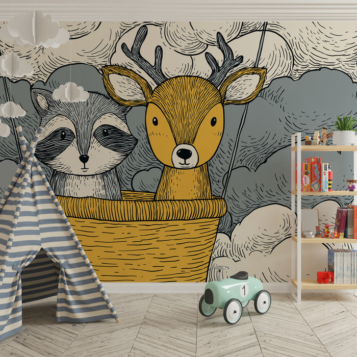 Papel de parede quarto bebê | Aventuras nas nuvens com animais fofos