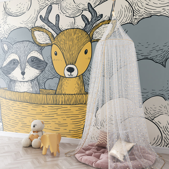 Papel de parede quarto bebê | Aventuras nas nuvens com animais fofos