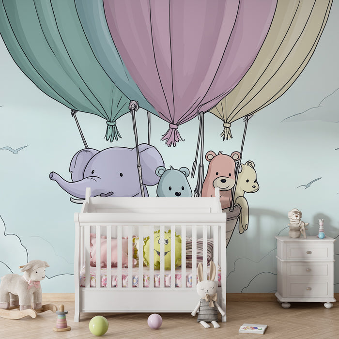 Papier peint chambre bébé | Aventures en montgolfière avec des animaux mignons