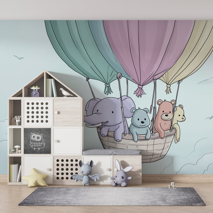Papier peint chambre bébé | Aventures en montgolfière avec des animaux mignons