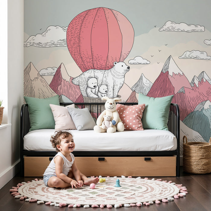 Papier peint chambre bébé | Aventures en montgolfière avec des ours polaires