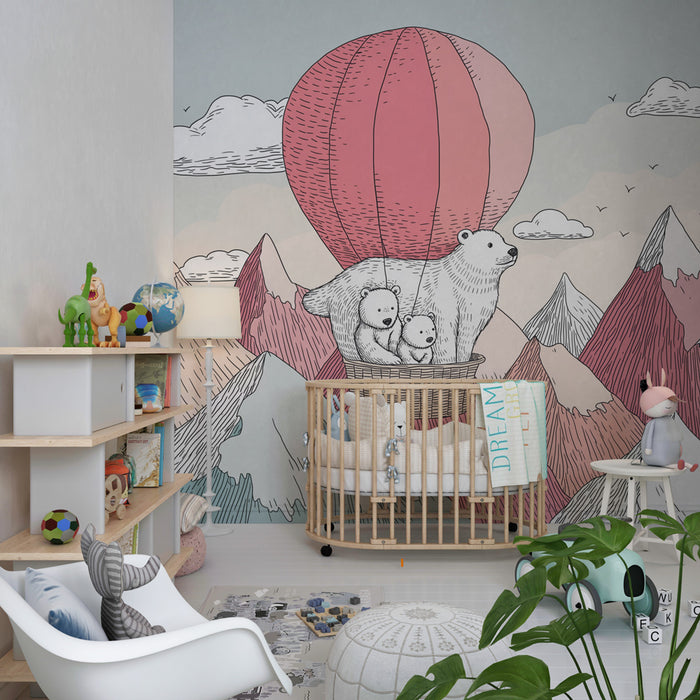 Papier peint chambre bébé | Aventures en montgolfière avec des ours polaires
