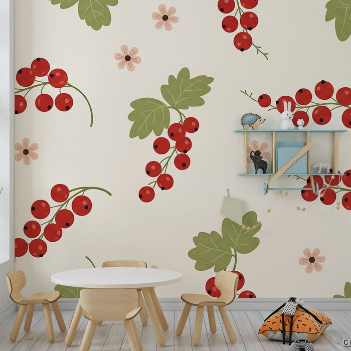 Papier peint chambre bébé | Baies rouges et fleurs délicates sur fond clair