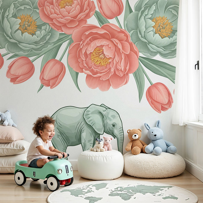 Papier peint chambre bébé | Balade d'un éléphant entouré de fleurs pastel