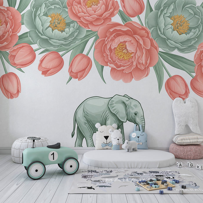 Papier peint chambre bébé | Balade d'un éléphant entouré de fleurs pastel