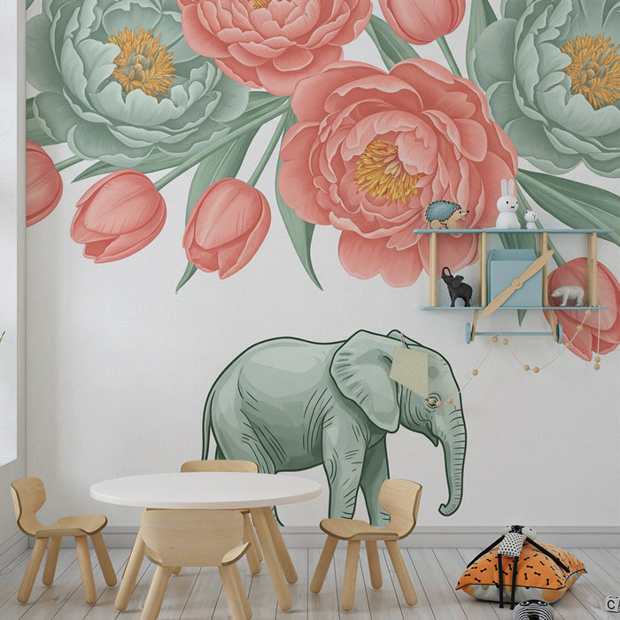 Papier peint chambre bébé | Balade d'un éléphant entouré de fleurs pastel