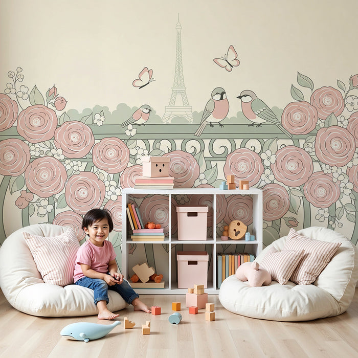 Papier peint chambre bébé | Balcon fleuri avec oiseaux et la Tour Eiffel en arrière-plan