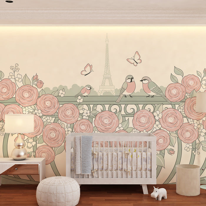 Papier peint chambre bébé | Balcon fleuri avec oiseaux et la Tour Eiffel en arrière-plan