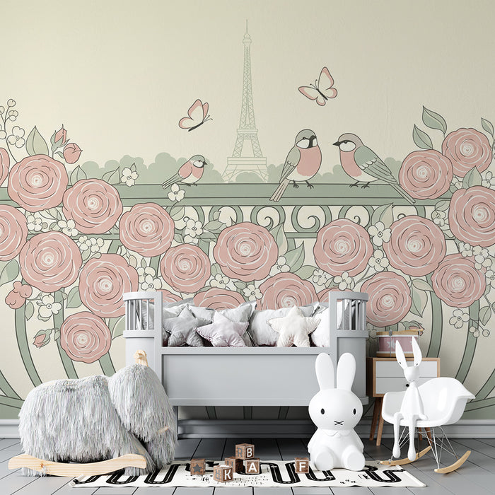 Papier peint chambre bébé | Balcon fleuri avec oiseaux et la Tour Eiffel en arrière-plan