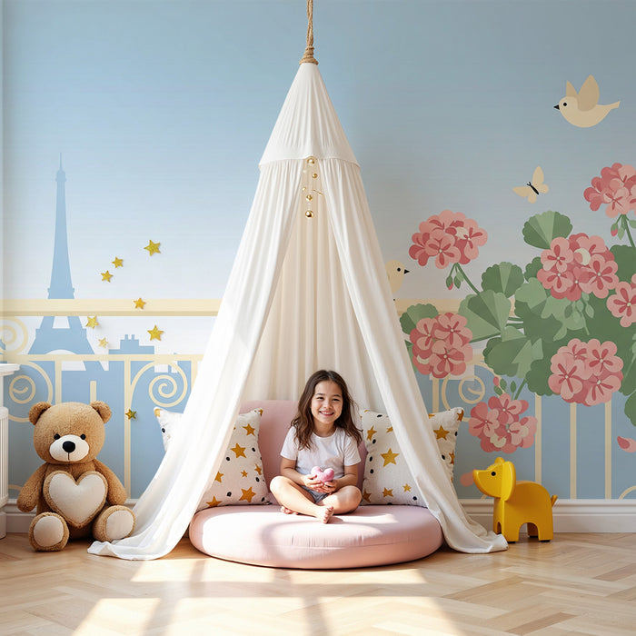 Papel de parede para quarto de bebé | Varanda florida com pássaros e vista para a Torre Eiffel