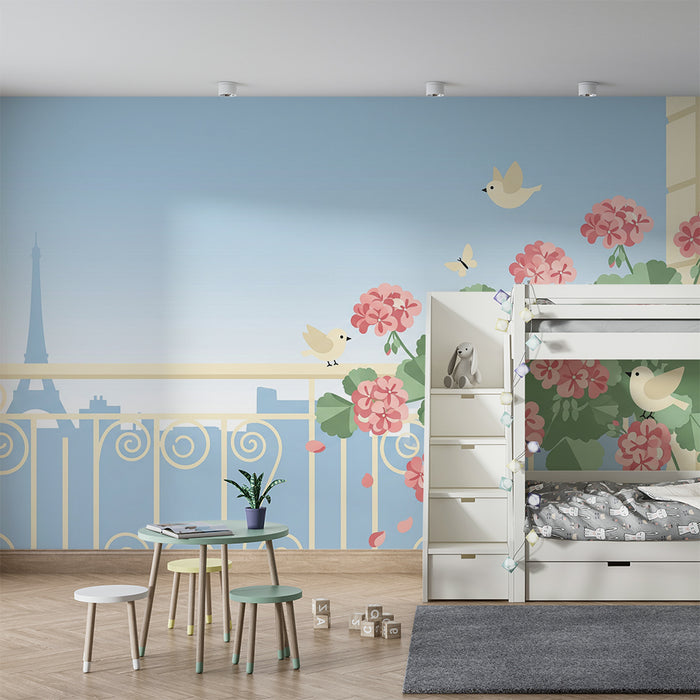 Papel de parede para quarto de bebé | Varanda florida com pássaros e vista para a Torre Eiffel