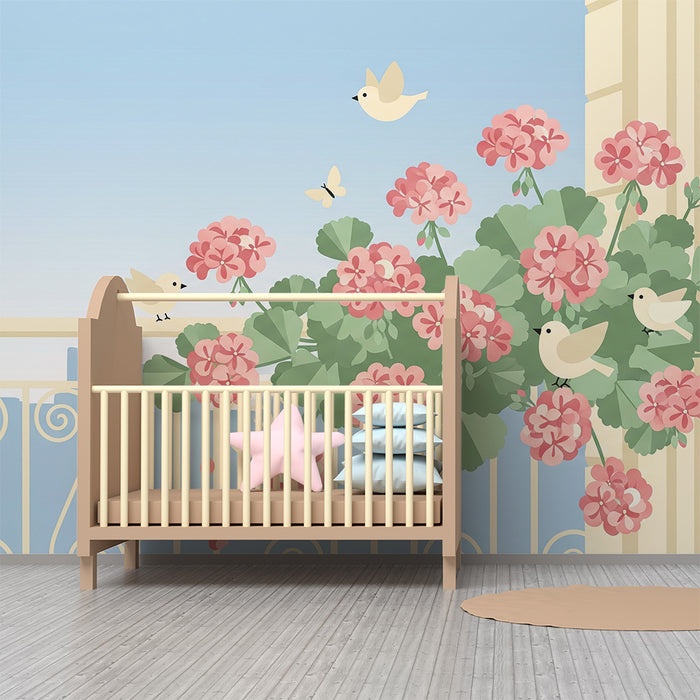 Papel de parede para quarto de bebé | Varanda florida com pássaros e vista para a Torre Eiffel