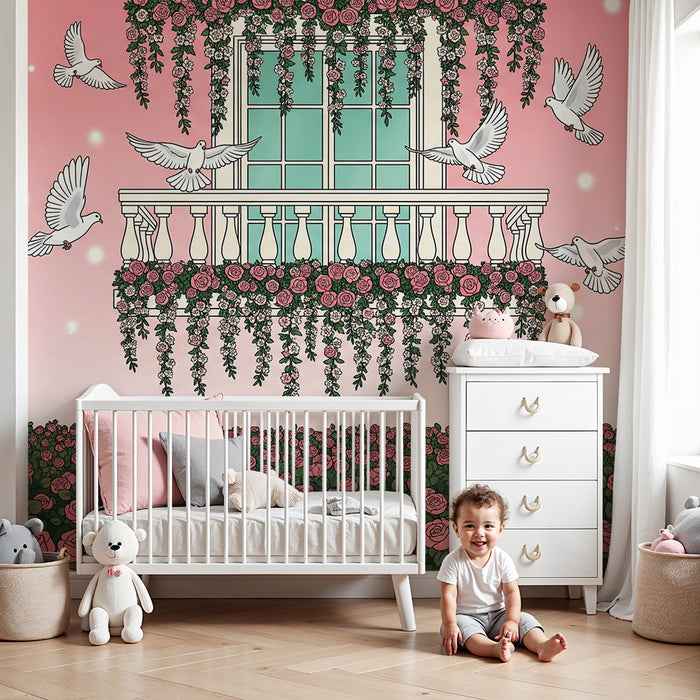 Baby room wallpaper | Flowering balcony with roses and doves in flight