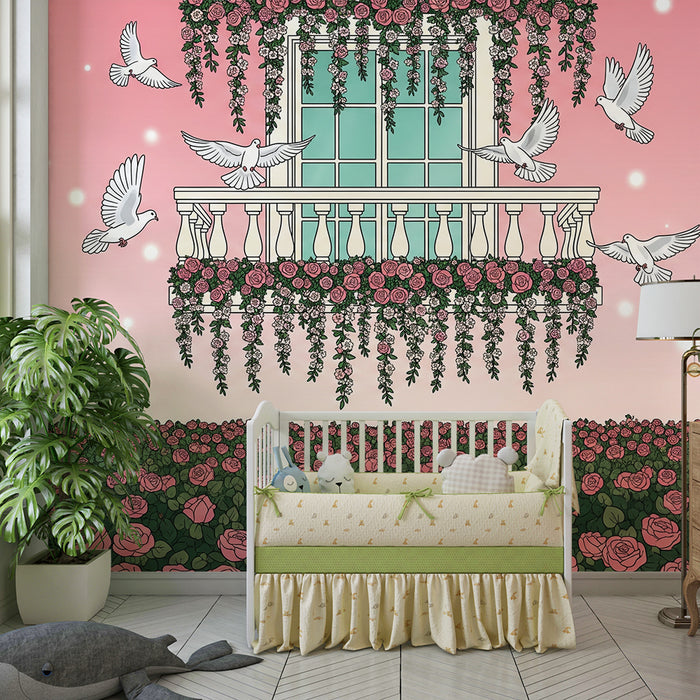 Baby room wallpaper | Flowering balcony with roses and doves in flight