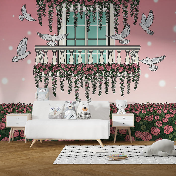 Baby room wallpaper | Flowering balcony with roses and doves in flight