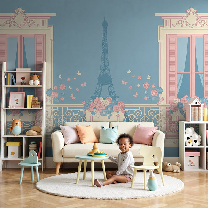 Papier peint chambre bébé | Balcon fleuri avec vue sur la Tour Eiffel