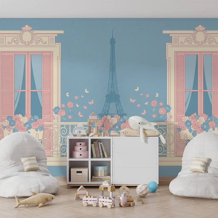 Papier peint chambre bébé | Balcon fleuri avec vue sur la Tour Eiffel