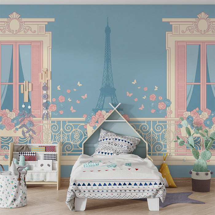 Papier peint chambre bébé | Balcon fleuri avec vue sur la Tour Eiffel