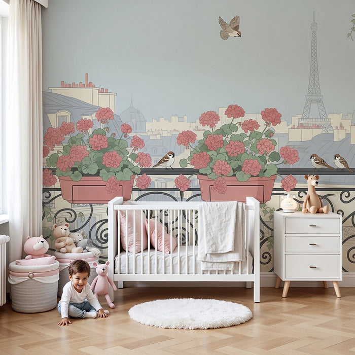 Papier peint chambre bébé | Balcon fleuri et Tour Eiffel
