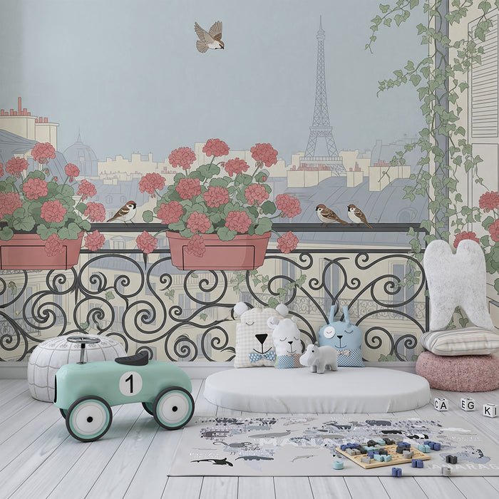 Papier peint chambre bébé | Balcon fleuri et Tour Eiffel